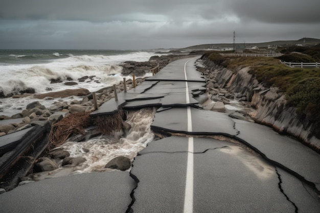 Foto onda de tempestade relacionada ao el nino destrói estrada costeira