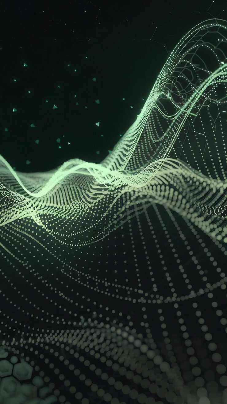 Foto onda dinámica digital de partículas abstracto verde fondo futurista visualización de grandes datos en 3d