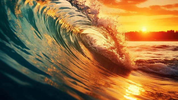 Onda do mar quebrando ao nascer do sol, lindas ondas azuis coloridas com a luz solar ao pôr do sol