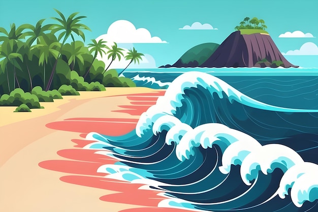 Foto onda do oceano com ilustração plana de uma ilha tropical