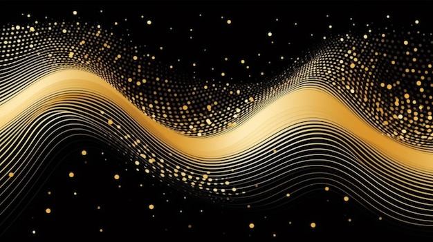 una onda dorada con puntos en un fondo negro generativo ai