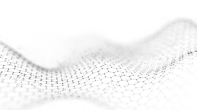 Onda em preto e branco Visualização de grandes dados Fundo abstrato com pontos entrelaçados Renderização 3D