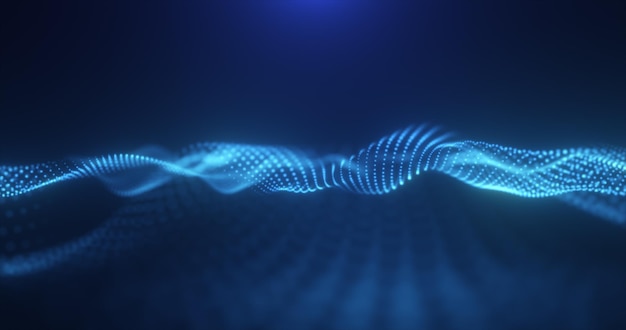 Onda de energía mágica azul brillante abstracta de partículas y puntos brillantes en un oscuro