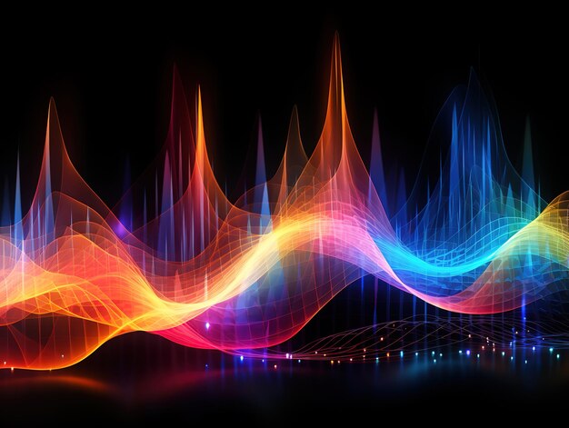 La onda de frecuencia del ecualizador de colores iluminada sobre un fondo negro Patrón de música de bajo Generativo Ai