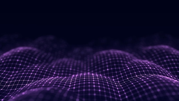 Onda futurista abstracta con puntos en movimiento Flujo de partículas y líneas de colores Ilustración de tecnología cibernética Visualización de big data Representación 3d