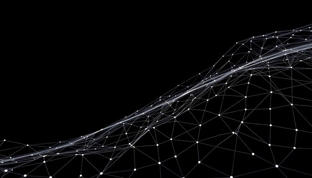 Onda geométrica abstracta con líneas y puntos blancos sobre fondo negro