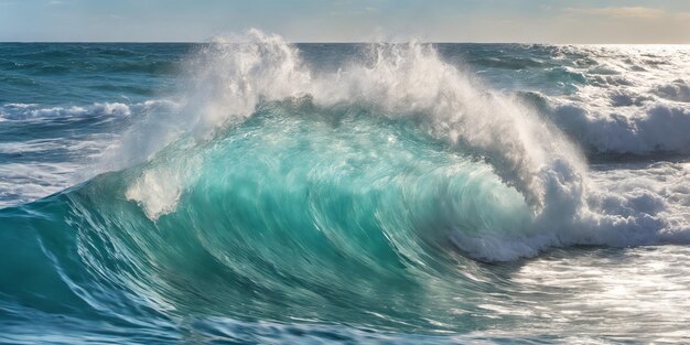 Onda gigante de surf no oceano em um dia ensolarado. Ilustração de paisagem marinha com mar tempestuoso, água turquesa com espuma branca e salpicos, céu azul com nuvens. IA generativa