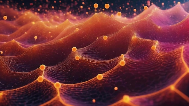Onda hexagonal abstracta con puntos móviles flujo de partículas ilustración de tecnología cibernética renderización 3d