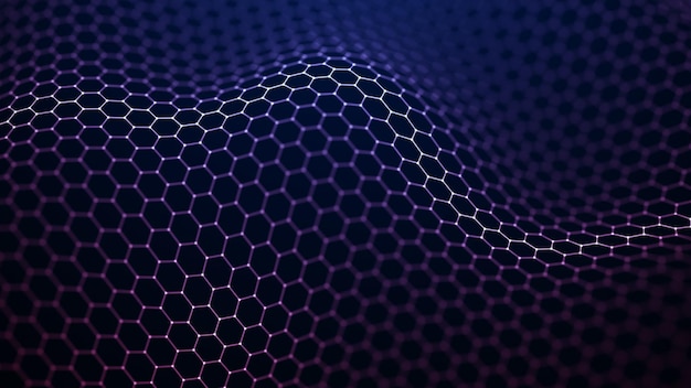 Foto onda hexagonal abstracta con puntos en movimiento flujo de partículas ilustración de tecnología cibernética representación 3d