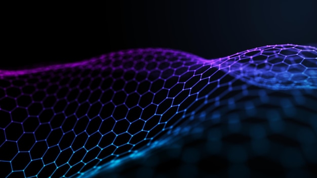 Onda hexagonal abstracta con puntos en movimiento Flujo de partículas Ilustración de tecnología cibernética Representación 3d