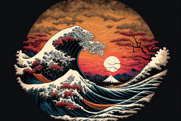 Onda hokusai ao levantar o fundo do sol no estilo japonês AI gerado Grande tsunami no estilo oriental tradicional