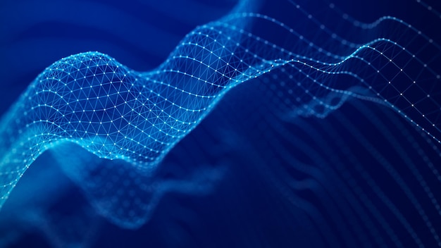 Onda móvil digital Fondo con partículas luminosas en movimiento Conexión de puntos y líneas sobre un fondo oscuro Representación 3d