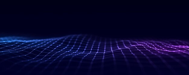 Onda en movimiento futurista Fondo digital con partículas y líneas brillantes en movimiento Visualización de grandes datos Renderización 3D