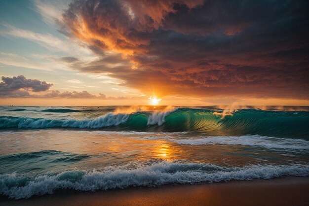 La onda de la naturaleza se encuentra con la nube y el cielo del atardecer