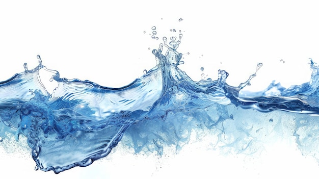 Una onda nítida de agua azul capturada en aislamiento contra un fondo blanco marcado que destaca la pureza y la fluidez del agua en movimiento