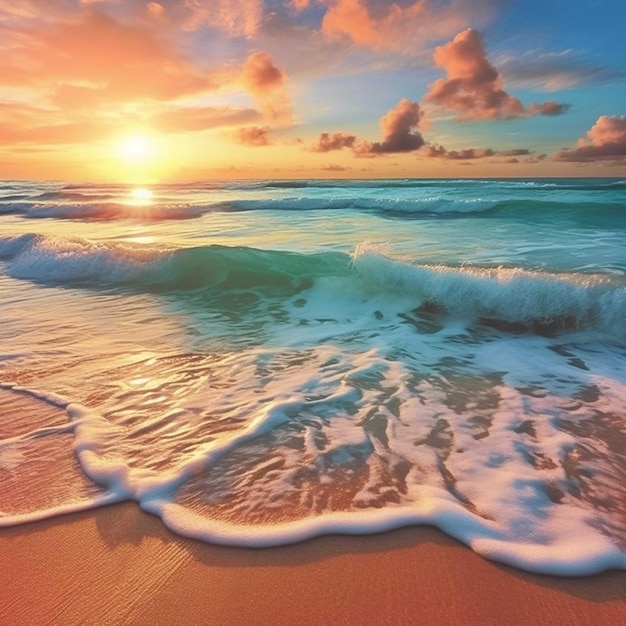 Onda oceânica quebrando na praia ao pôr do sol Belo fundo natural