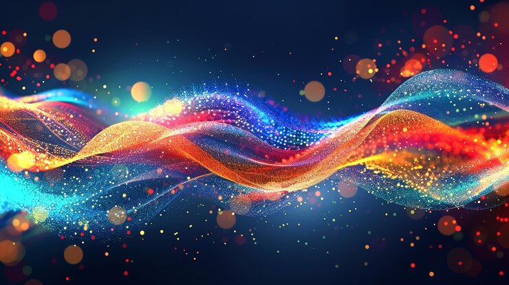 Una onda de partículas brillantes de colores abstractos en un fondo azul oscuro muestra una representación 3D