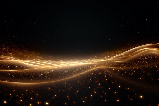 Onda de partículas de oro digital y fondo abstracto de luz con polvo de estrellas de partículas de piso brillante F