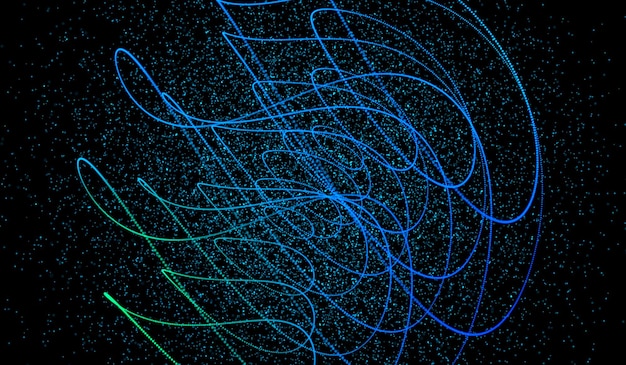 Onda de red de partículas de luz azul de tecnología digital abstracta 3D sobre fondo negro