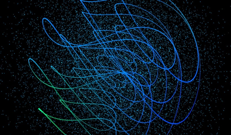 Foto onda de red de partículas de luz azul de tecnología digital abstracta 3d sobre fondo negro