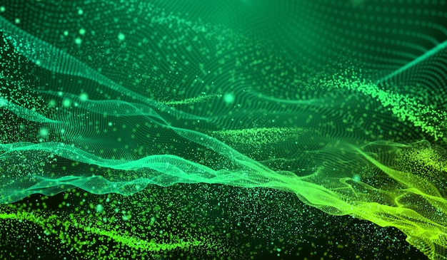 Foto onda de red de partículas verdes de tecnología digital abstracta 3d sobre fondo verde