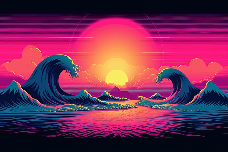 La onda retro o el paisaje de síntesis con el atardecer de los años 80 el diseño de color de la onda sintética retro la onda del océano