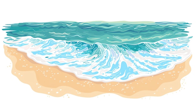 Onda suave do oceano em estilo de desenho animado A onda é retratada como uma massa azul e verde com uma crista branca e está se chocando em uma praia de areia