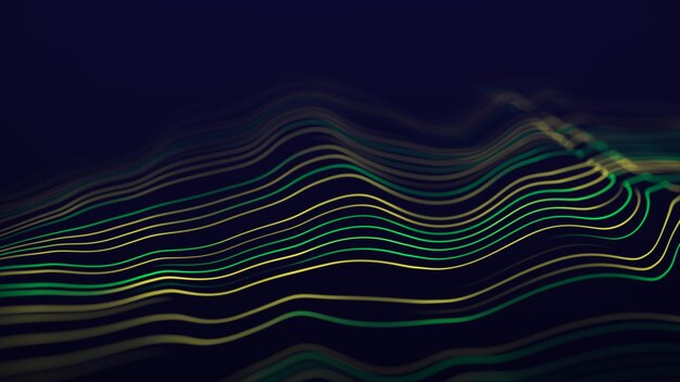 Onda verde amarilla dinámica sobre un fondo azul Visualización de big data Onda de partículas futurista Ciencia y tecnología renderizado 3d