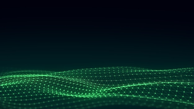 Onda verde con puntos y líneas de movimiento Fondo digital abstracto Conexión de concepto big data Fondo de tecnología futurista Representación 3D