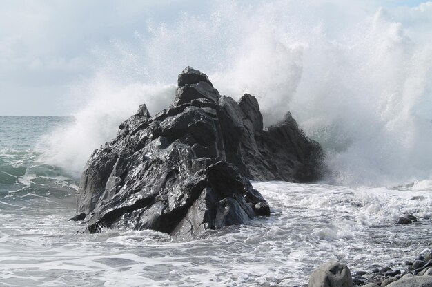 Ondas a salpicar as rochas contra o mar