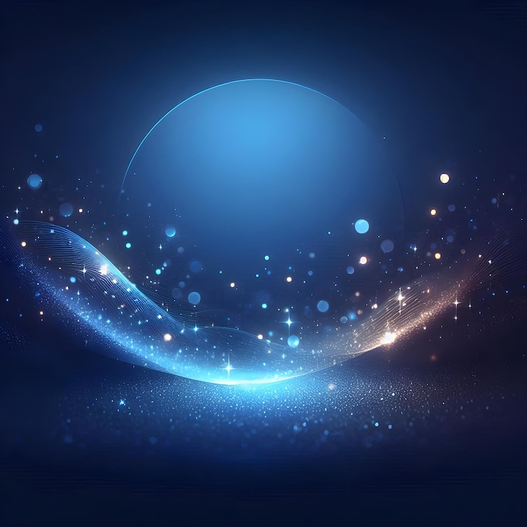 Ondas abstractas con una bola azul y un fondo azul con estrellas y un cielo azul