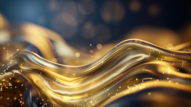 Ondas abstractas doradas con partículas brillantes en un fondo oscuro