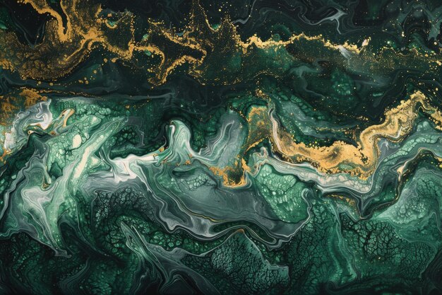 Ondas abstractas del océano en textura de mármol verde oscuro y dorado