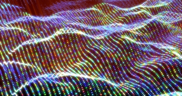 Ondas de arco iris multicolores brillantes abstractas y líneas de partículas y puntos