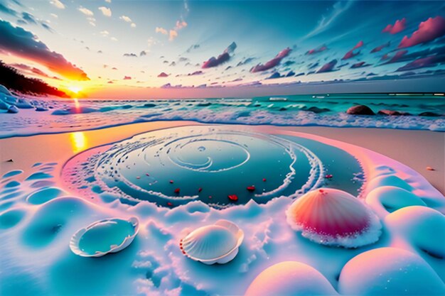 Foto ondas azuis do mar ao anoitecer nascer e pôr-do-sol com flores de rosa conchas cor-de-rosa conchas sal do mar na praia de areia