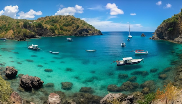 Ondas azul-turquesa abraçam iate tranquilo na costa caribenha gerada por IA