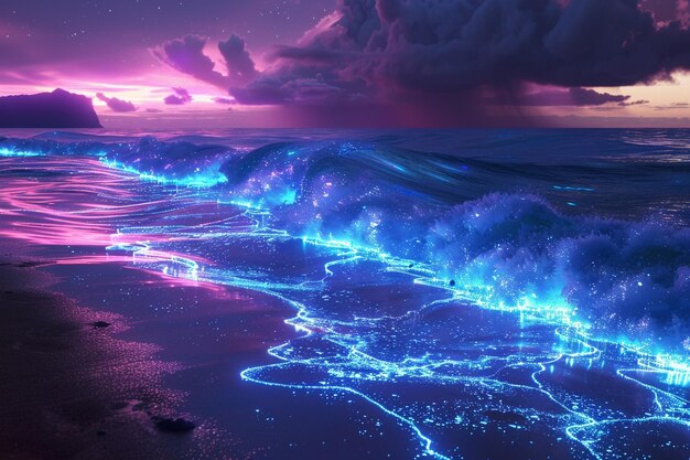 Foto ondas bioluminescentes a bater numa praia iluminada a neon