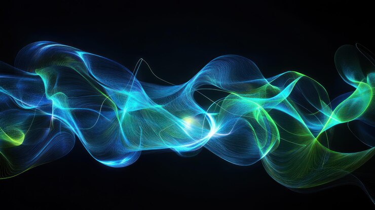 Ondas brillantes de luz abstractas en color turquesa y verde lima sobre un fondo negro