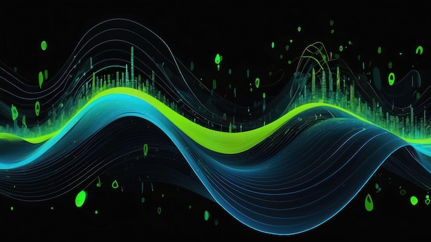 Las ondas cerúleas y caliza futuristas con patrones binarios en un fondo digital oscuro