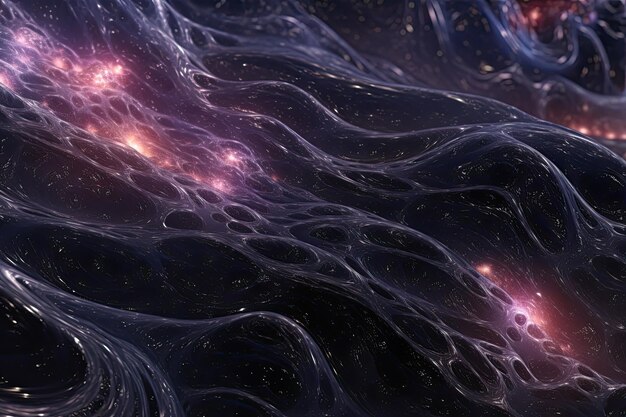 Foto ondas sin costuras de nebulosa líquida que reflejan los cuerpos cósmicos a su alrededor con un brillo metálico