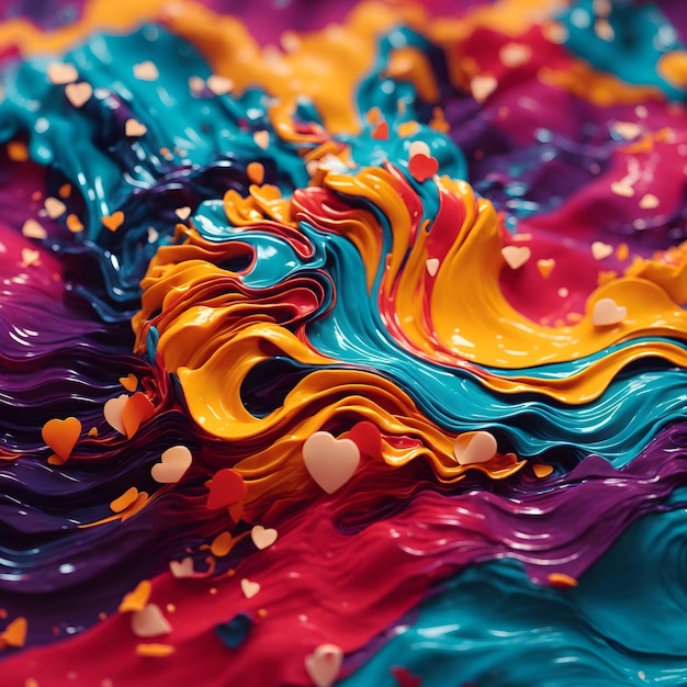 Ondas de cor em forma de coração formas abstratas em torno de partículas respingos de cor ondas de cor de avental