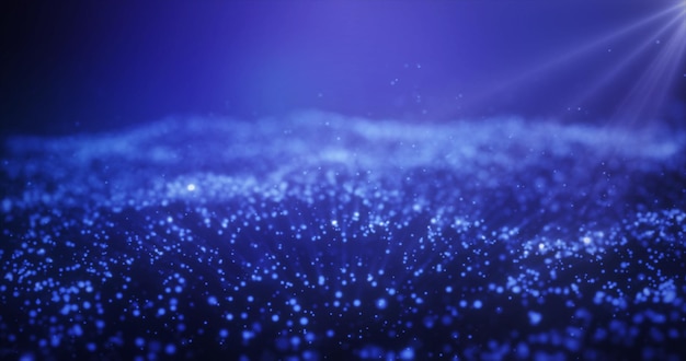 Ondas de energia brilhante azul abstrata de partículas e pontos mágicos com efeito de desfoque no escuro