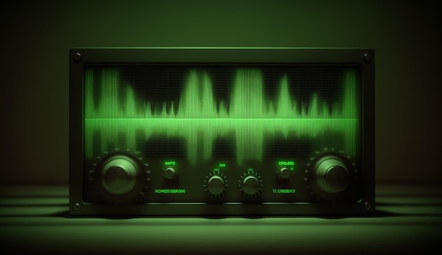 Ondas de frequência verdes abstratas com receptor ou dispositivo de medição em fundo escuro