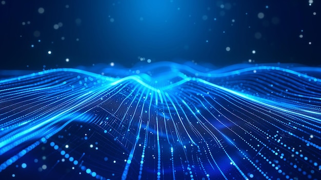Foto ondas de luz de néon abstratas em um fundo azul representando tecnologia e conectividade