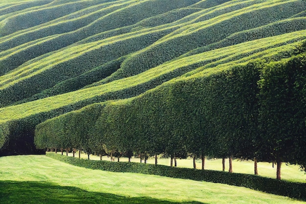 Ondas de plantações de chá na sombra pitoresca das árvores