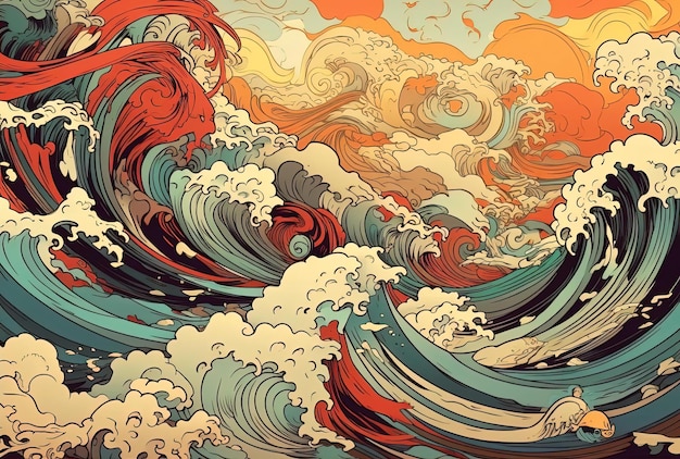 ondas de surf vermelho e laranja em um padrão abstrato no estilo de ilustrações yokai exclusivas