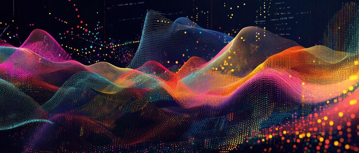 Foto ondas digitales abstractas con colores vibrantes y elementos de visualización de datos