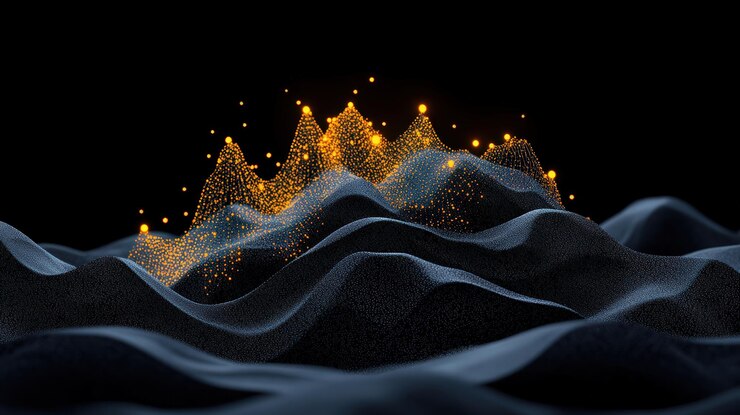 Ondas digitales abstractas con partículas brillantes en un fondo oscuro