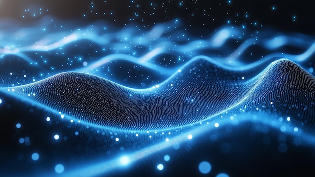 Las ondas digitales azules con partículas brillantes crean un fondo abstracto en un entorno oscuro