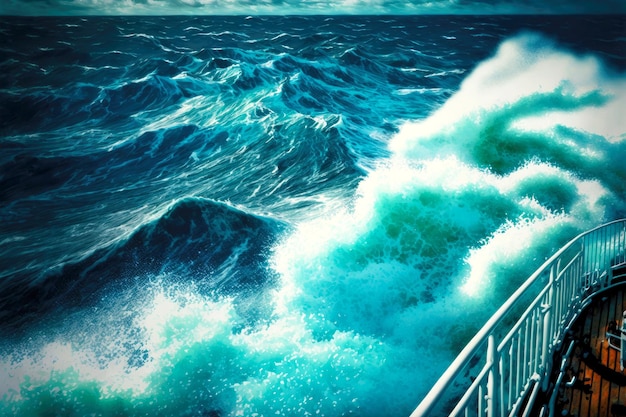 Ondas do alto mar no oceano azul do ponto de vista do convés do navio
